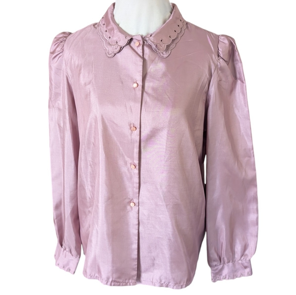 Vintage Satin Top Mauve Purple Pink Button Down Puff Shoulder Collared Medium